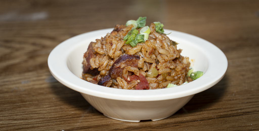 A plate of Jambalaya, a tipical dish from Louisiana with rice, sausage and herbs